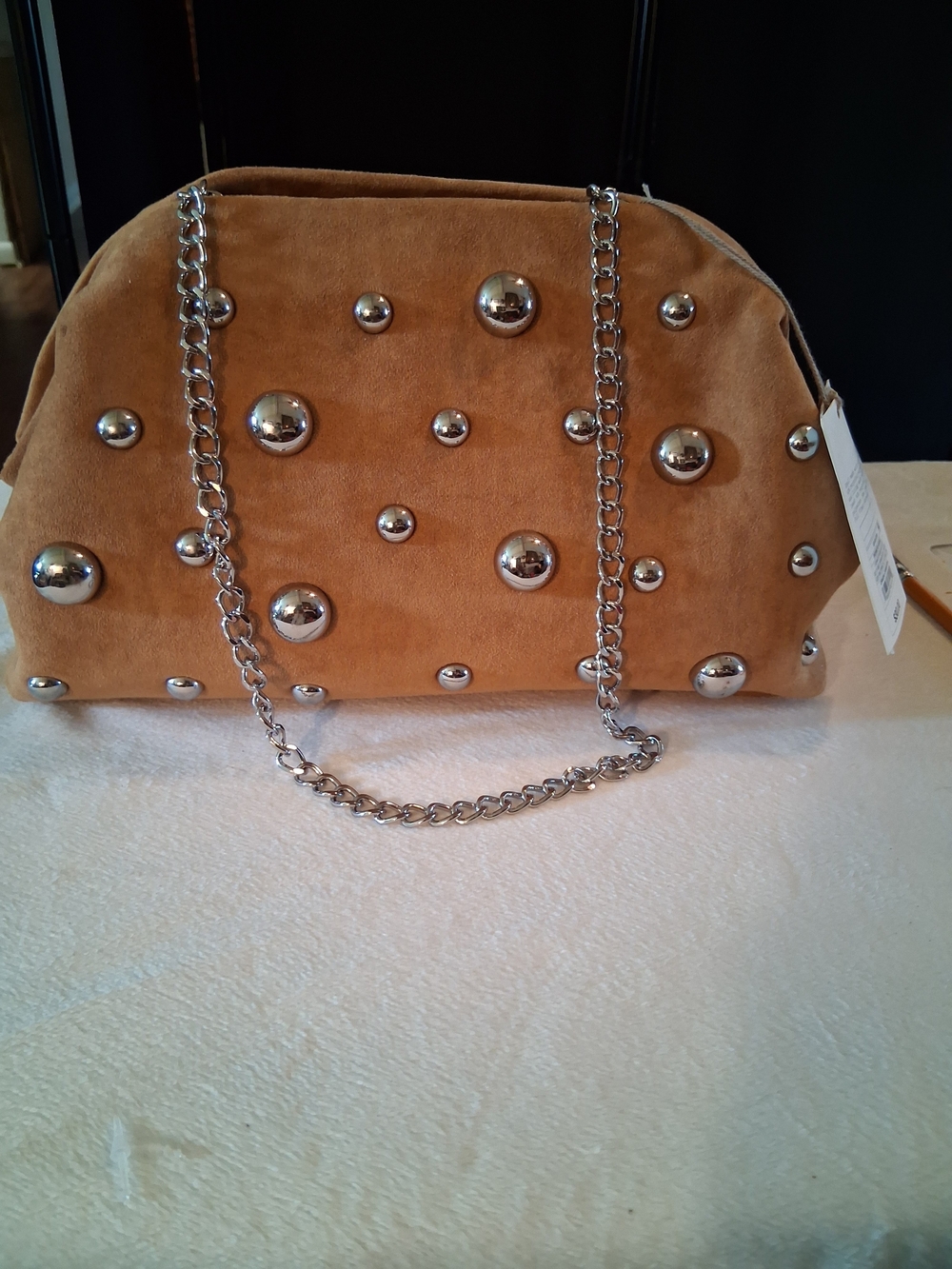 a new day Tan Suede Shoulder Bag with Silver Studs & Chain Strap